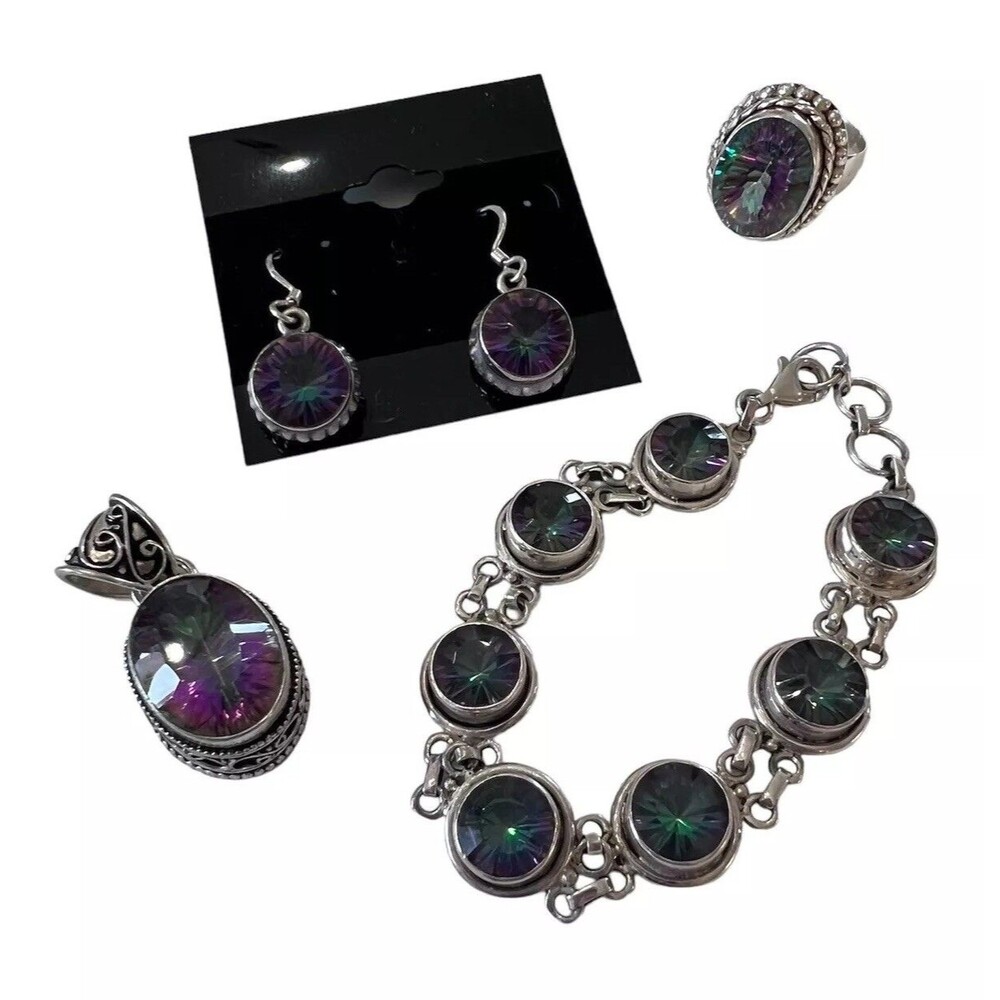 Silver Irridescent Mystic Topaz 4 Piece Set/ Pendant Ring Earrings Bracelet